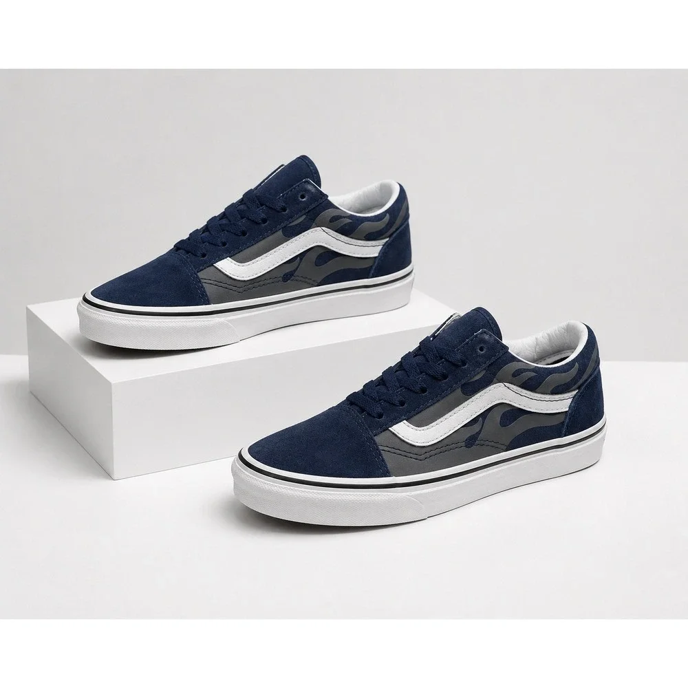 Vans Old Skool Kids 13.5 Navy Blue Flame‎ Sneakers Youth Skate Shoes EU 31